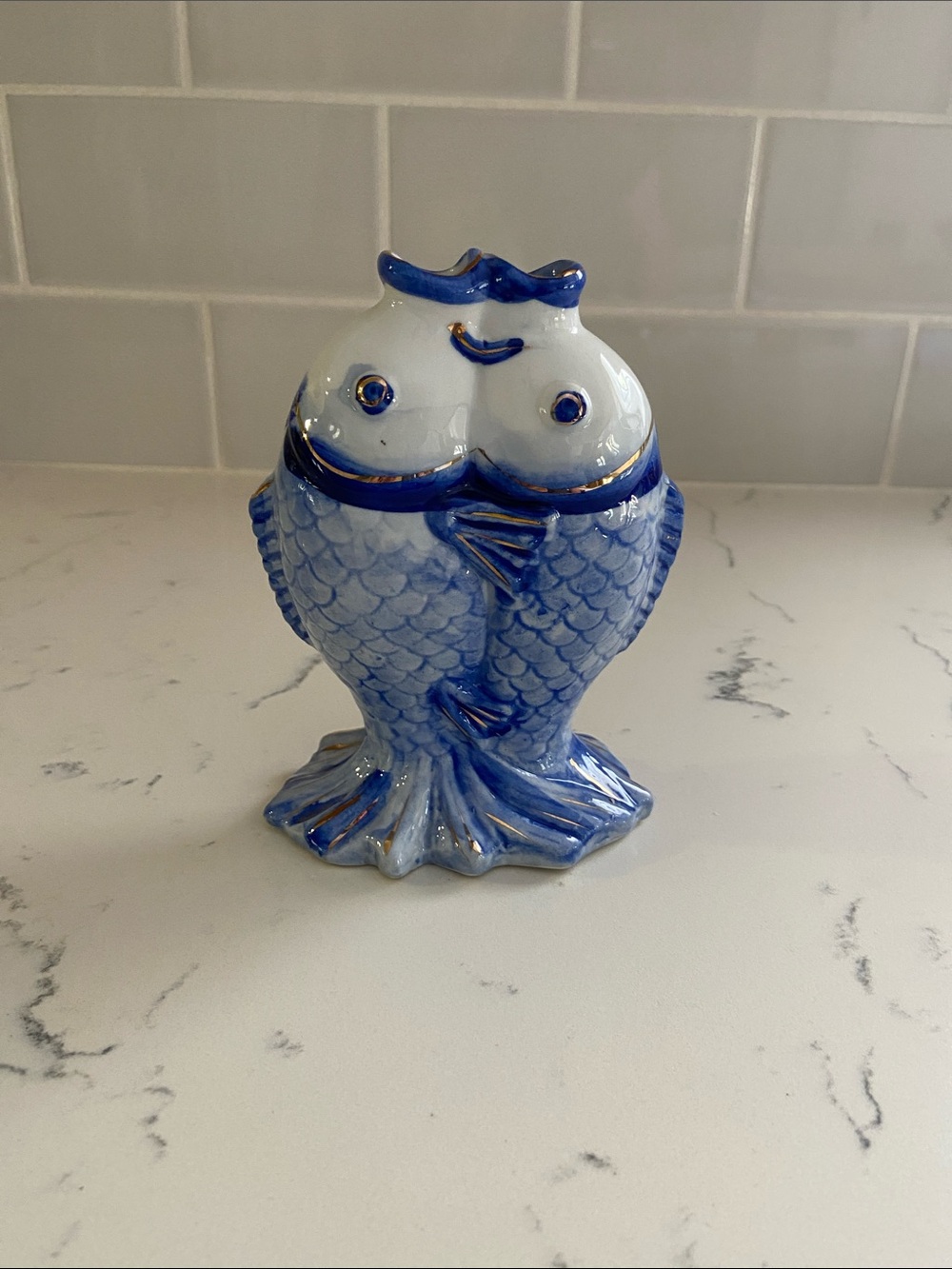 Vintage Chinese Double Koi Fish Vase Blue White Porcelain